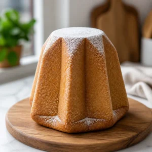 Pandoro dourado inteiro descansando em uma tábua antes de fatiar