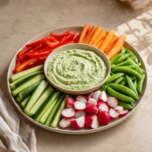 Avocado herb dip platter with five fresh vegetables