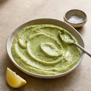 Avocado herb dip smoothed in a shallow serving bowl
