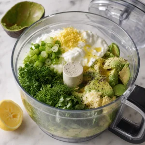 Avocado, yogurt, herbs, and seasonings in a food processor