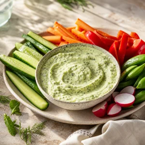 Creamy avocado herb dip surrounded by colorful fresh vegetables