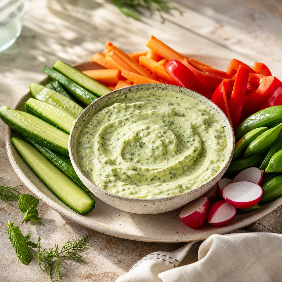 Creamy avocado herb dip surrounded by colorful fresh vegetables