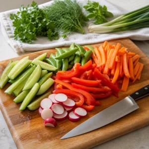 Cut vegetables and fresh herbs arranged on a cutting board