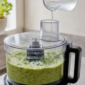 Ice water poured into avocado herb dip in the processor