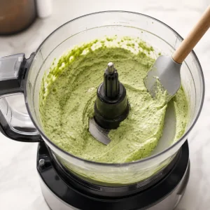 Smooth avocado herb dip blended in a food processor