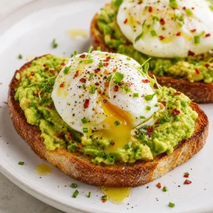 Avocado toast finished with oil, pepper, and herbs