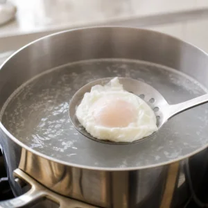 Poached egg lifted from simmering water