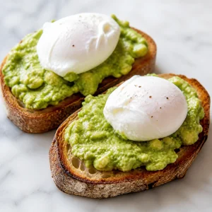 Poached eggs placed on avocado sourdough toast