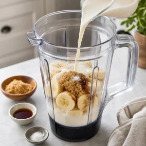 Cream milk brown sugar vanilla and salt added to banana slices in a blender