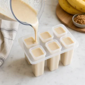 Creamy banana mixture poured into six ice pop molds with room at the top