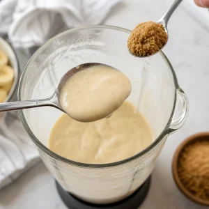 Creamy banana mixture tasted with extra brown sugar ready to stir in