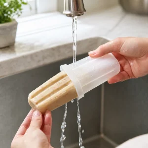 Frozen banana ice pop unmolded under warm running water at the sink