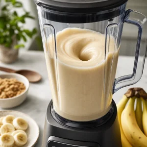 Smooth creamy banana mixture blending in a clear blender jar