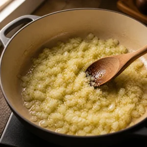 Нарезанный лук размягчается в оливковом масле