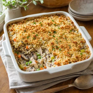 Creamy chicken and wild rice casserole with a golden breadcrumb topping