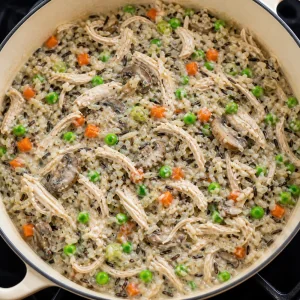 Wild rice, shredded chicken, peas, and creamy sauce mixed together