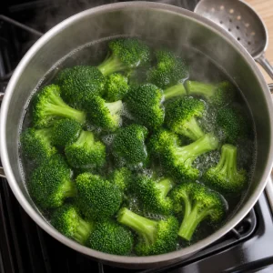 Ramilletes de brócoli escaldándose en agua hirviendo