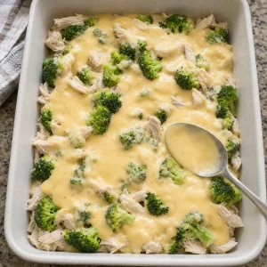 Salsa de cheddar repartida sobre pollo y brócoli