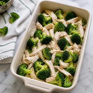 Pollo cocido y brócoli acomodados en la fuente