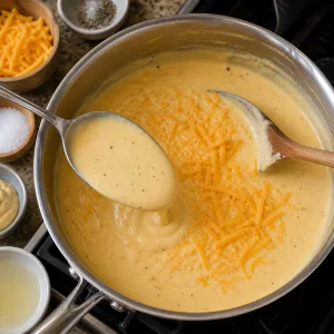 Salsa cremosa de cheddar fundiéndose en la cacerola