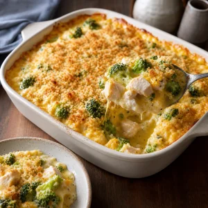브로콜리와 노릇한 빵가루 토핑을 올린 완성된 치킨 디반 캐서롤