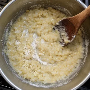 Harina y ajo mezclados con la cebolla y mantequilla