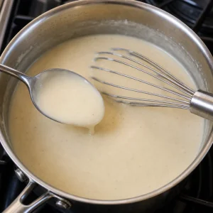 Salsa clara y lisa cociéndose tras añadir caldo y leche