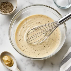 Molho cremoso de vinagre de maçã sendo batido em uma tigela