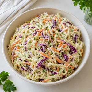 Creamy coleslaw with cabbage, carrots, and parsley in a bowl