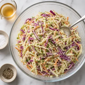 Salada cremosa de repolho com vinagre, sal e pimenta ao lado