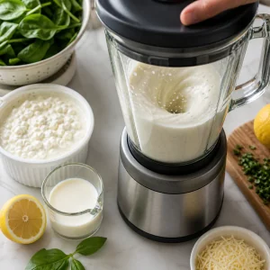 Fromage cottage et lait mixes en une sauce lisse et cremeuse