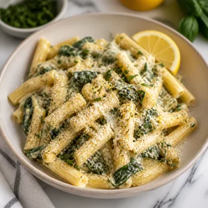 Pates cremeuses au fromage cottage servies avec parmesan, herbes et citron