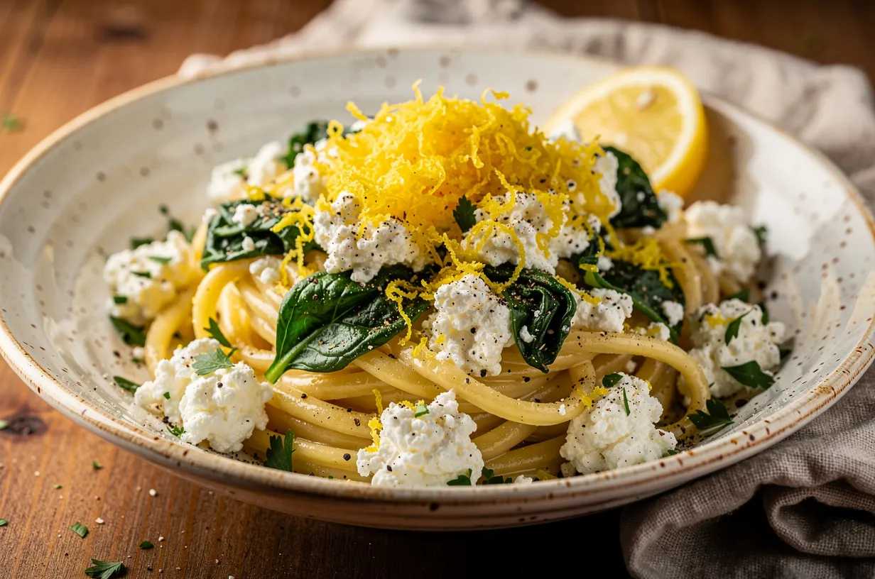 Creamy Cottage Cheese Pasta with Lemon & Herbs and Spinach