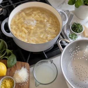 Pates qui cuisent dans de l'eau salee avec de l'eau de cuisson reservee a cote