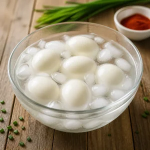 Boiled eggs cooling in a glass bowl of ice water