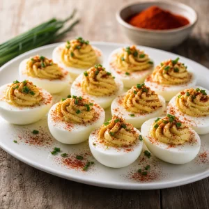 Chilled deviled eggs ready to serve on a white platter