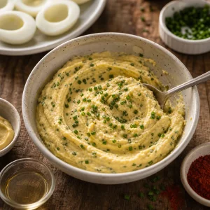Creamy yolk filling speckled with chopped chives