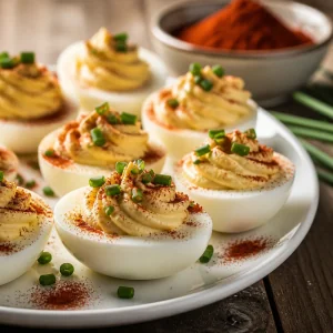 Deviled eggs filled and sprinkled with paprika and chives