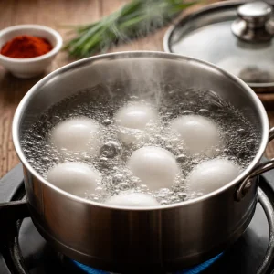 Eggs boiling vigorously in a stainless saucepan