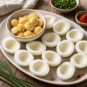 Halved egg whites arranged beside removed yolks