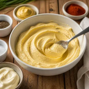 Smooth deviled egg yolk filling mixed in a bowl