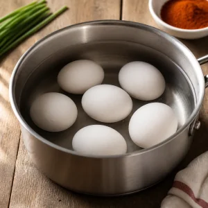 White eggs covered with cold water in a saucepan
