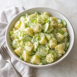 Bowl of creamy dill cucumber potato salad