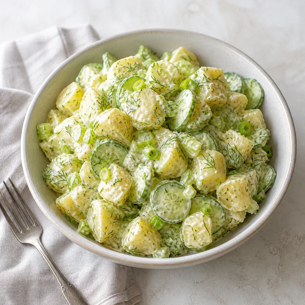 Bowl of creamy dill cucumber potato salad