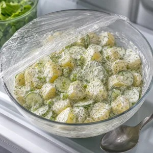 Covered bowl of chilled creamy potato cucumber salad