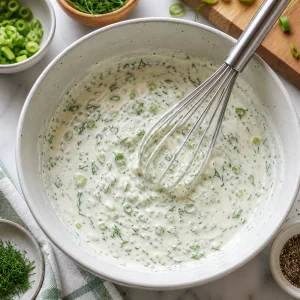 Creamy dill dressing being whisked in a bowl