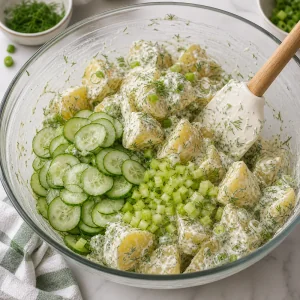 Cucumber slices and celery added to dressed potatoes