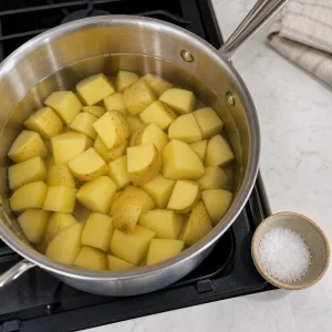 Potato chunks covered with water in a saucepan