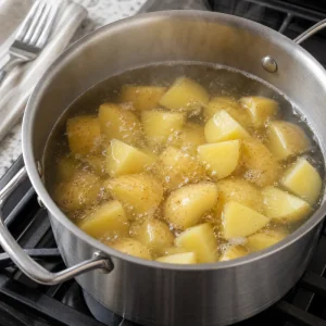 Potato chunks simmering in a saucepan
