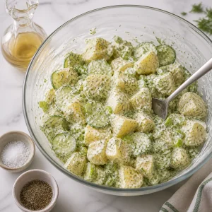 Potato cucumber salad with vinegar, salt, and pepper nearby